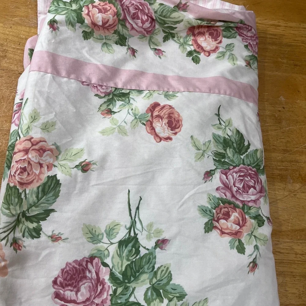 Vtg Laura Ashley Twin Duvet Cover Pink Cabbage Rose Floral Ticking Stripe Rev